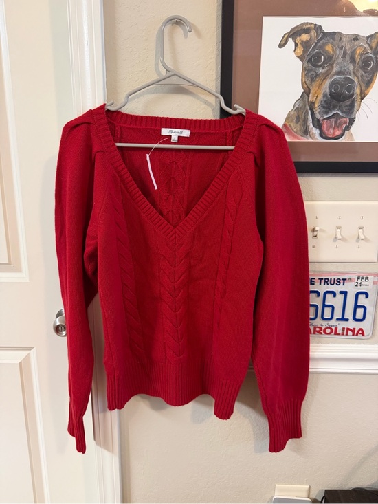 Madewell Sweaters - Madewell Cherry Red V-Neck Cable Knit Sweater